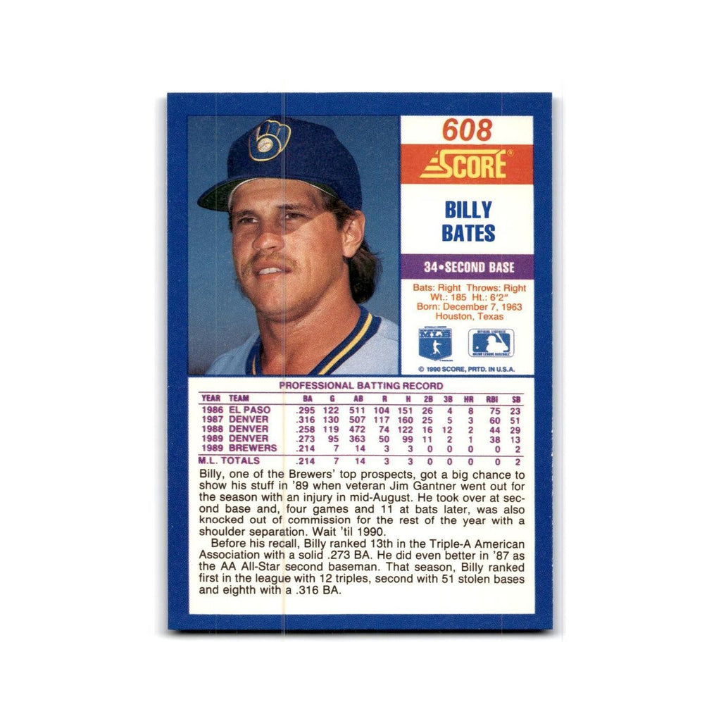 1990 Score Billy Bates RC Brewers #608
