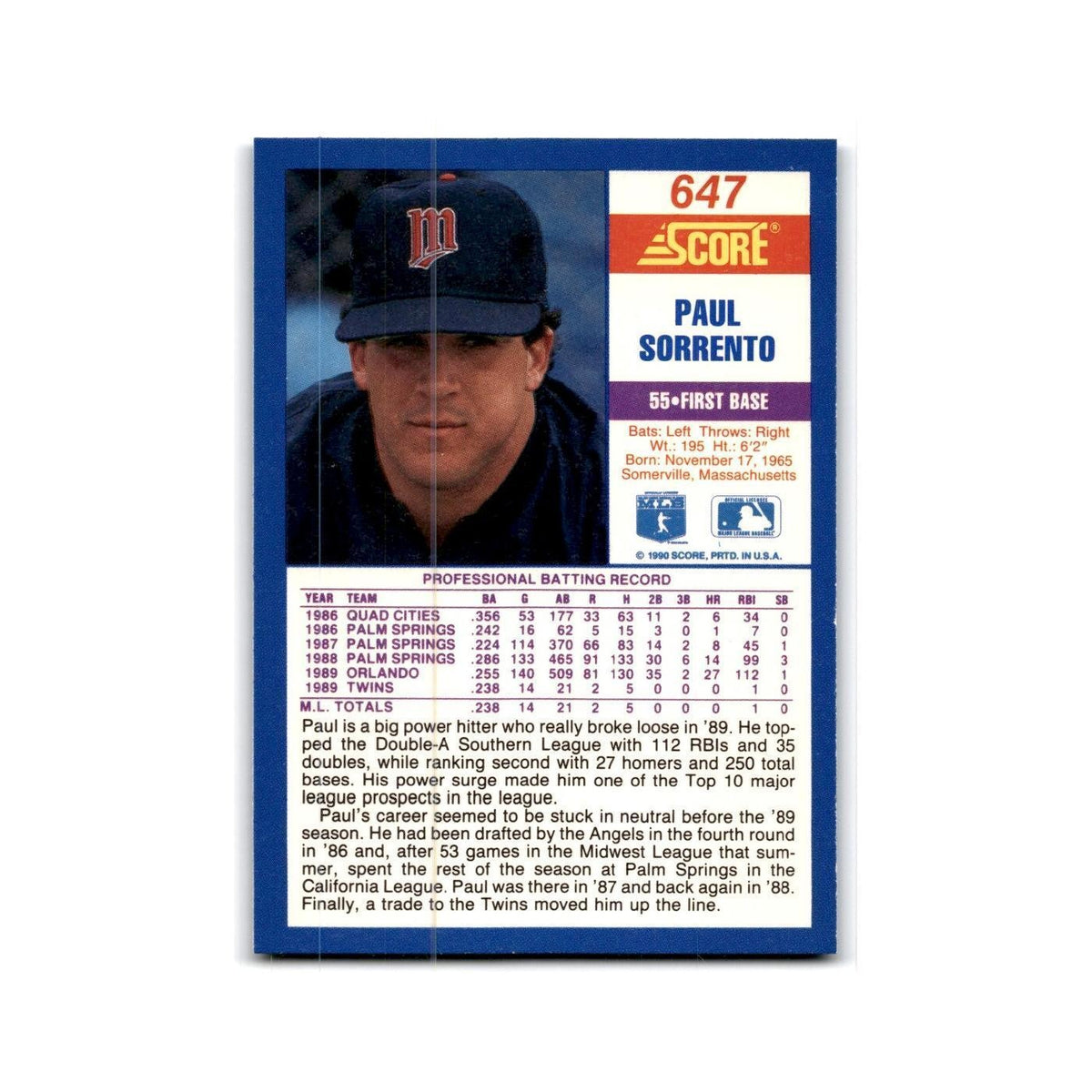 1990 Score Paul Sorrento RC Twins #647