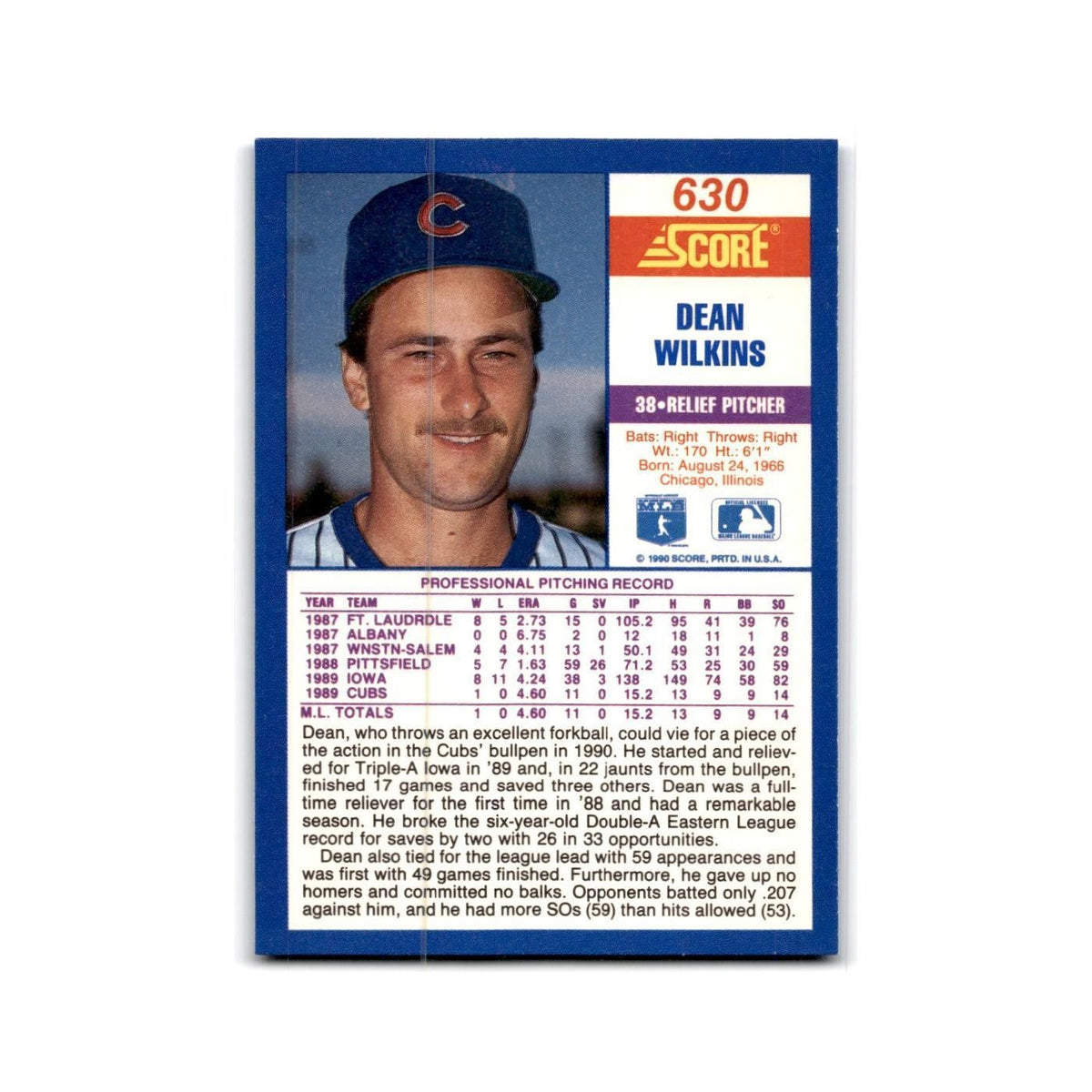 1990 Score Dean Wilkins RC Cubs #630