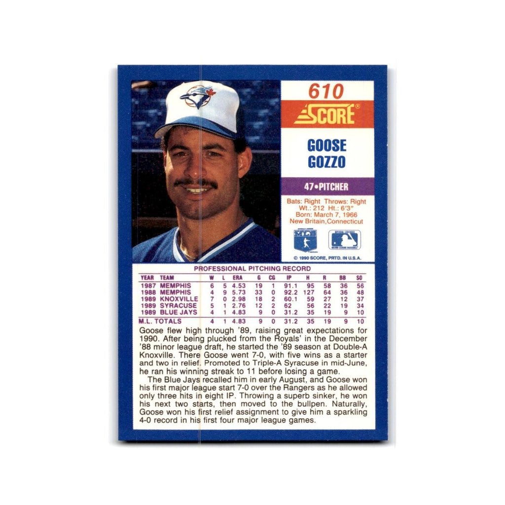 1990 Score Goose Gozzo RC Blue Jays #610