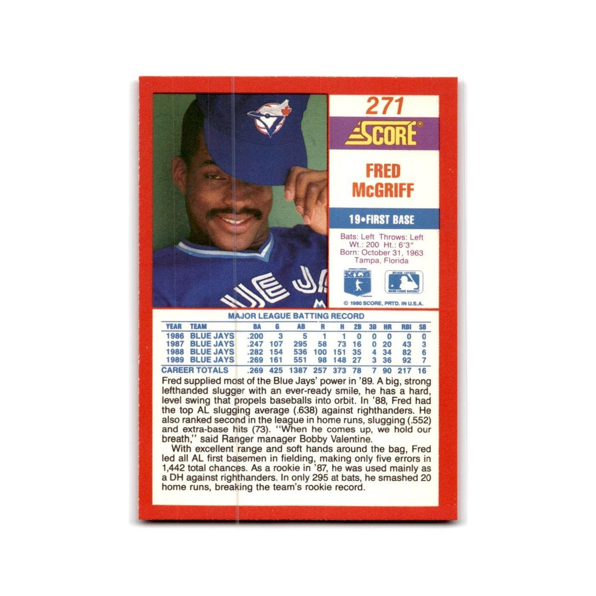 1990 Score Fred McGriff Blue Jays #271