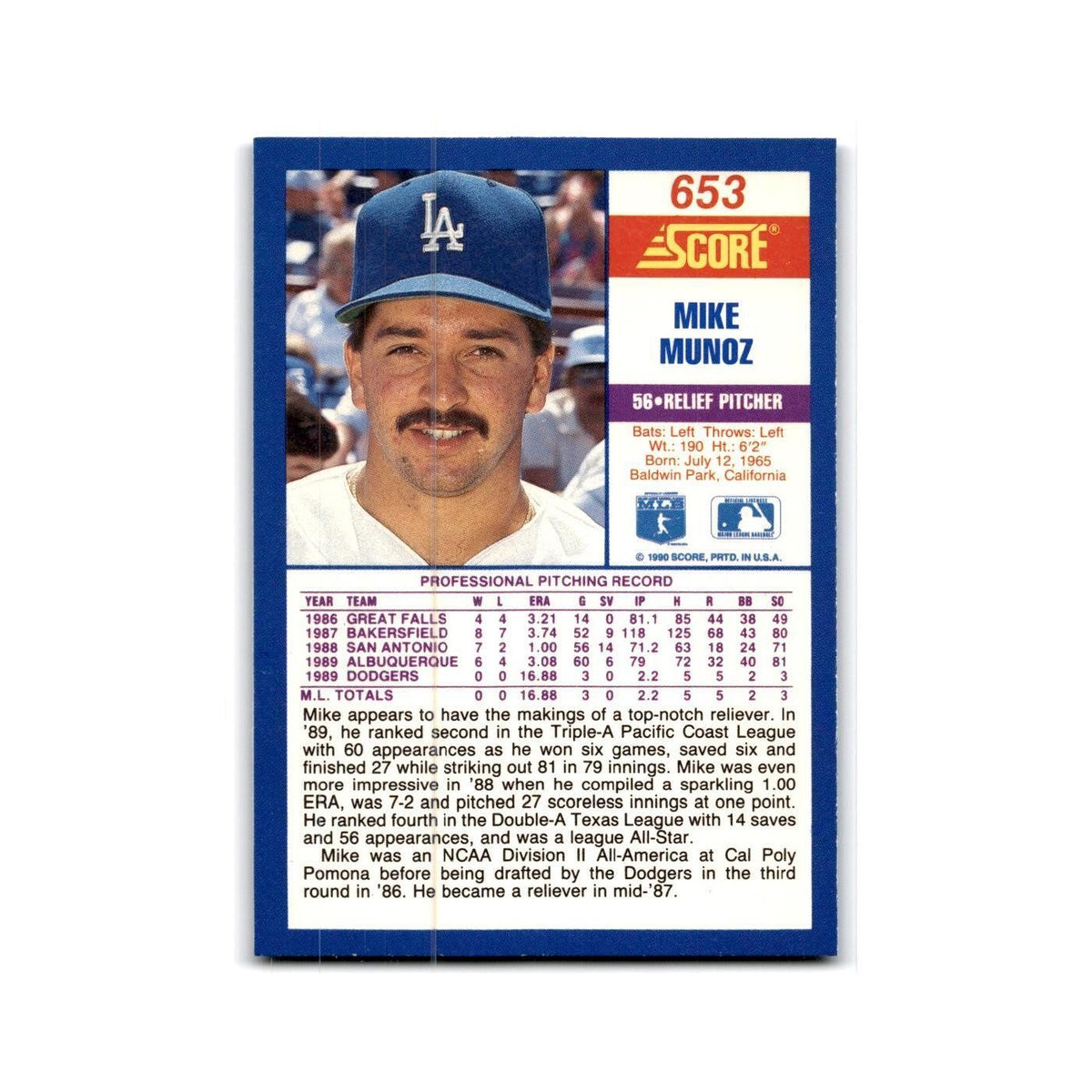 1990 Score Mike Munoz RC Dodgers #653