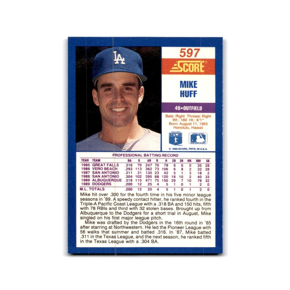 1990 Score Mike Huff RC Dodgers #597