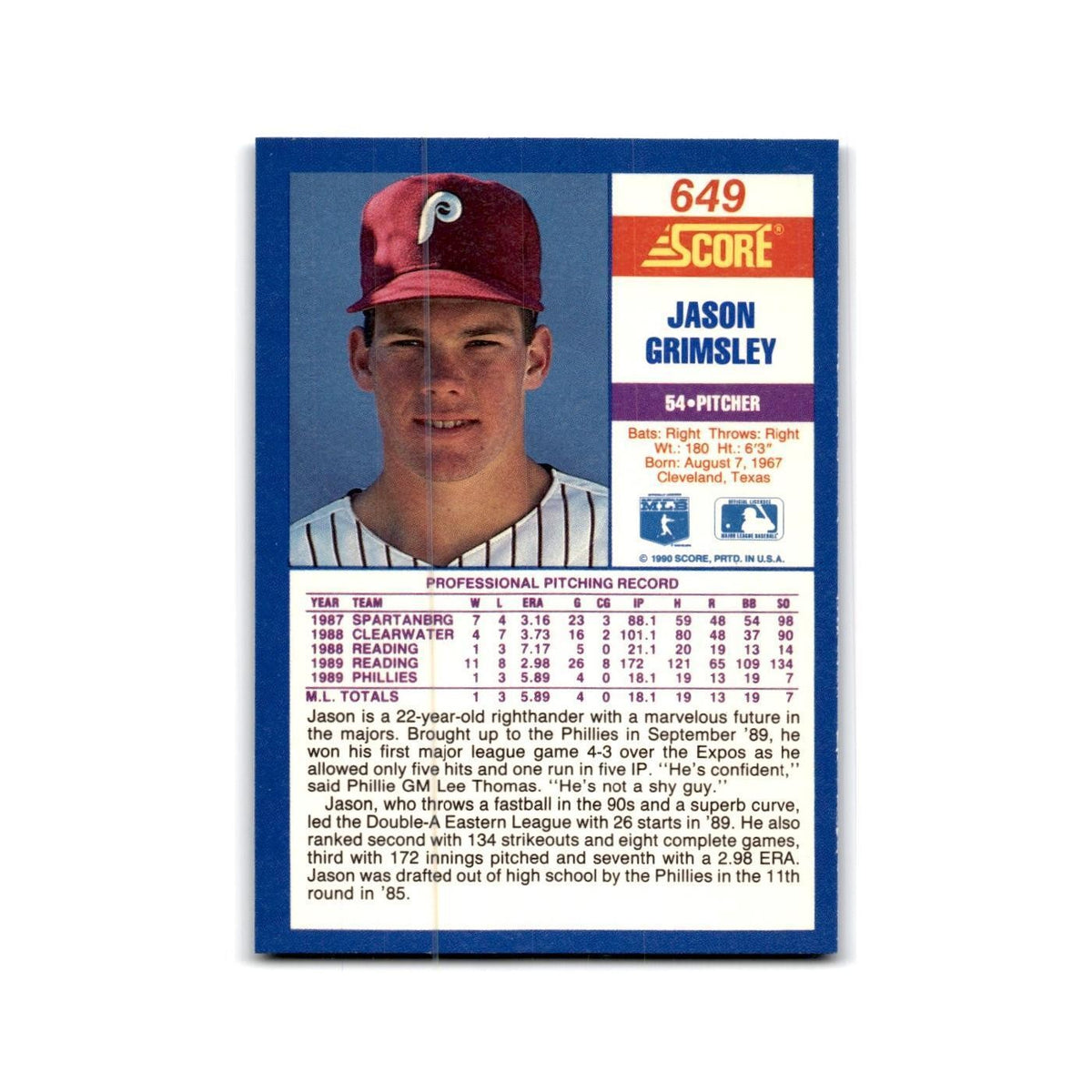 1990 Score Jason Grimsley RC Phillies #649