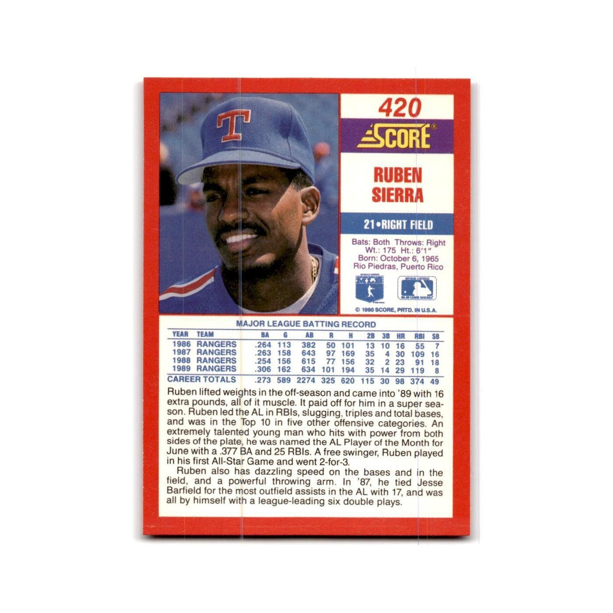 1990 Score Ruben Sierra Rangers #420