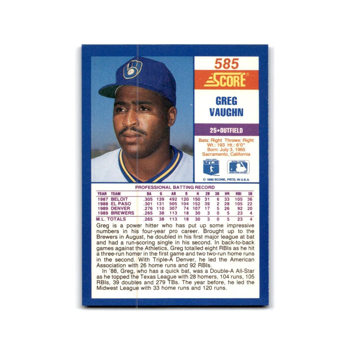1990 Score Greg Vaughn RC Brewers #585
