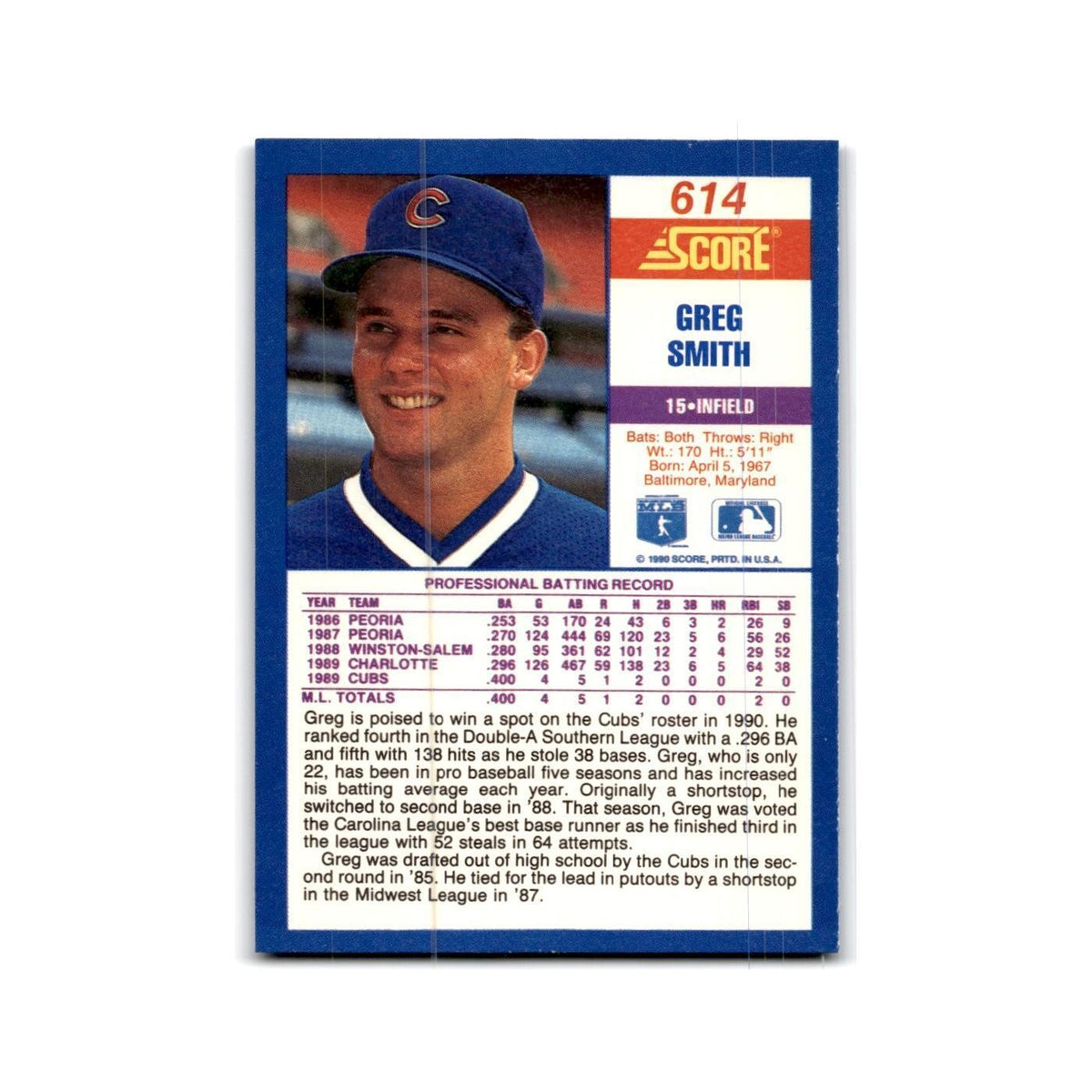 1990 Score Greg Smith RC Cubs #614