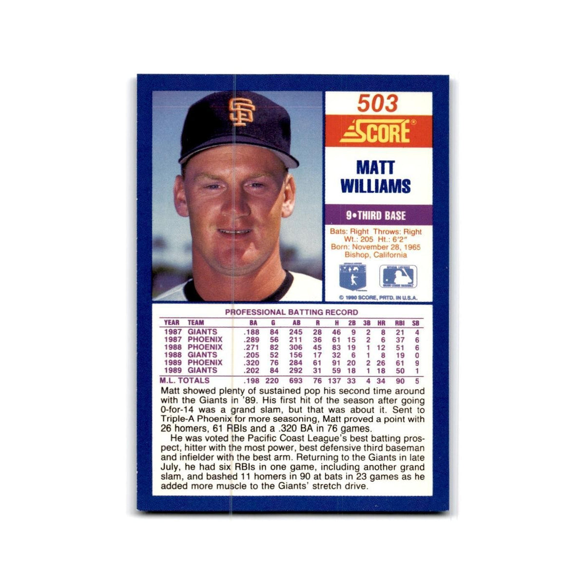 1990 Score Matt Williams Giants #503
