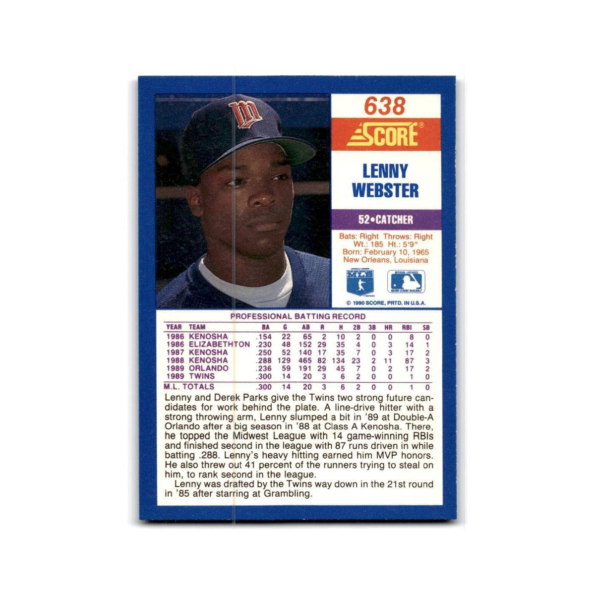 1990 Score Lenny Webster RC Twins #638