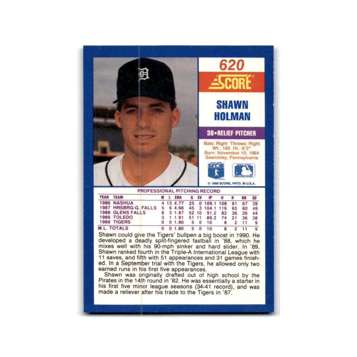 1990 Score Shawn Holman RC Tigers #620