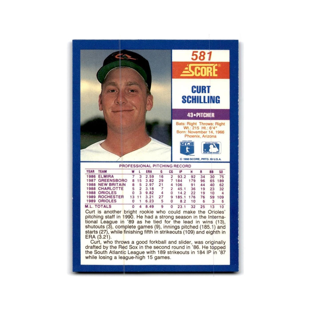 1990 Score Curt Schilling Orioles #581