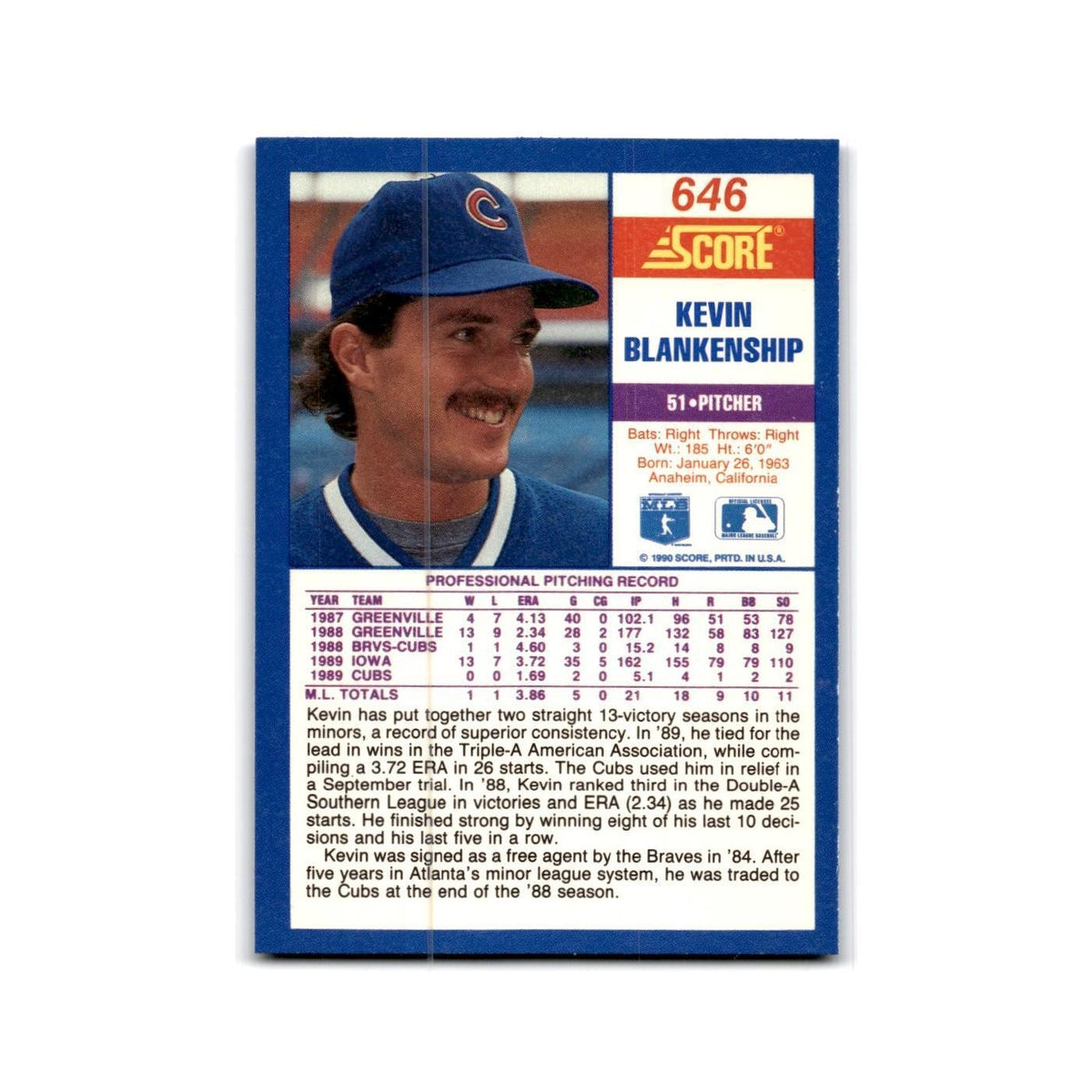 1990 Score Kevin Blankenship Cubs #646
