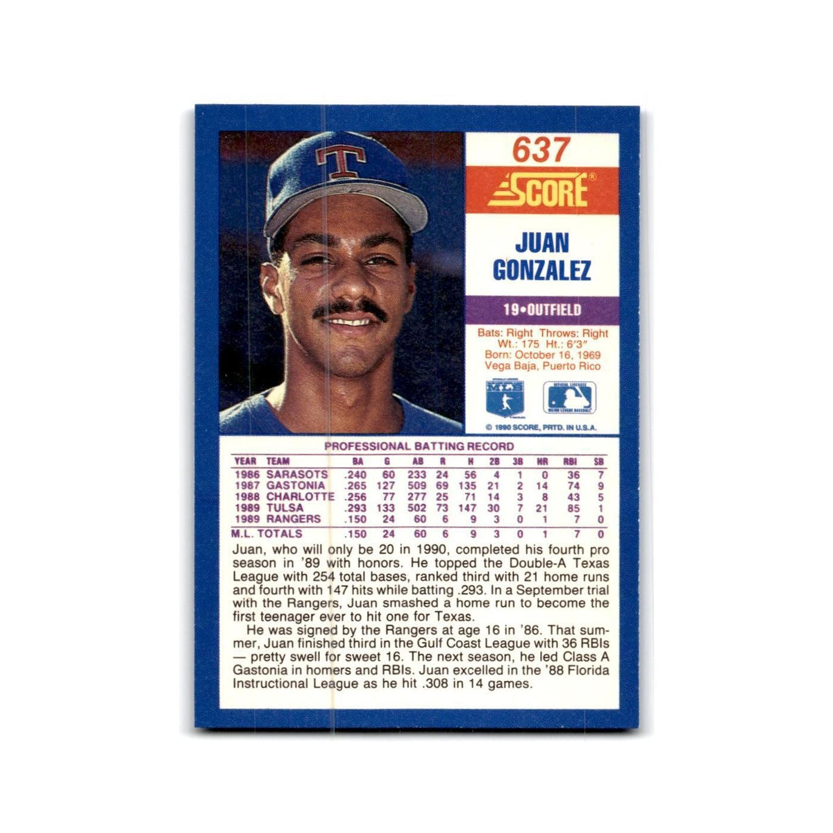 1990 Score Juan Gonzalez RC Rangers #637