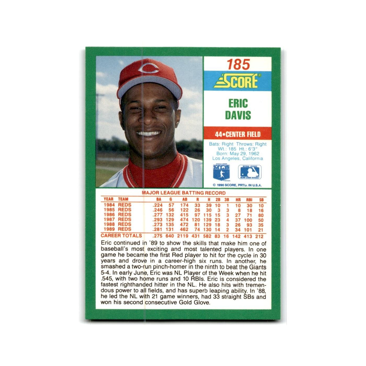 1990 Score Eric Davis Reds #185