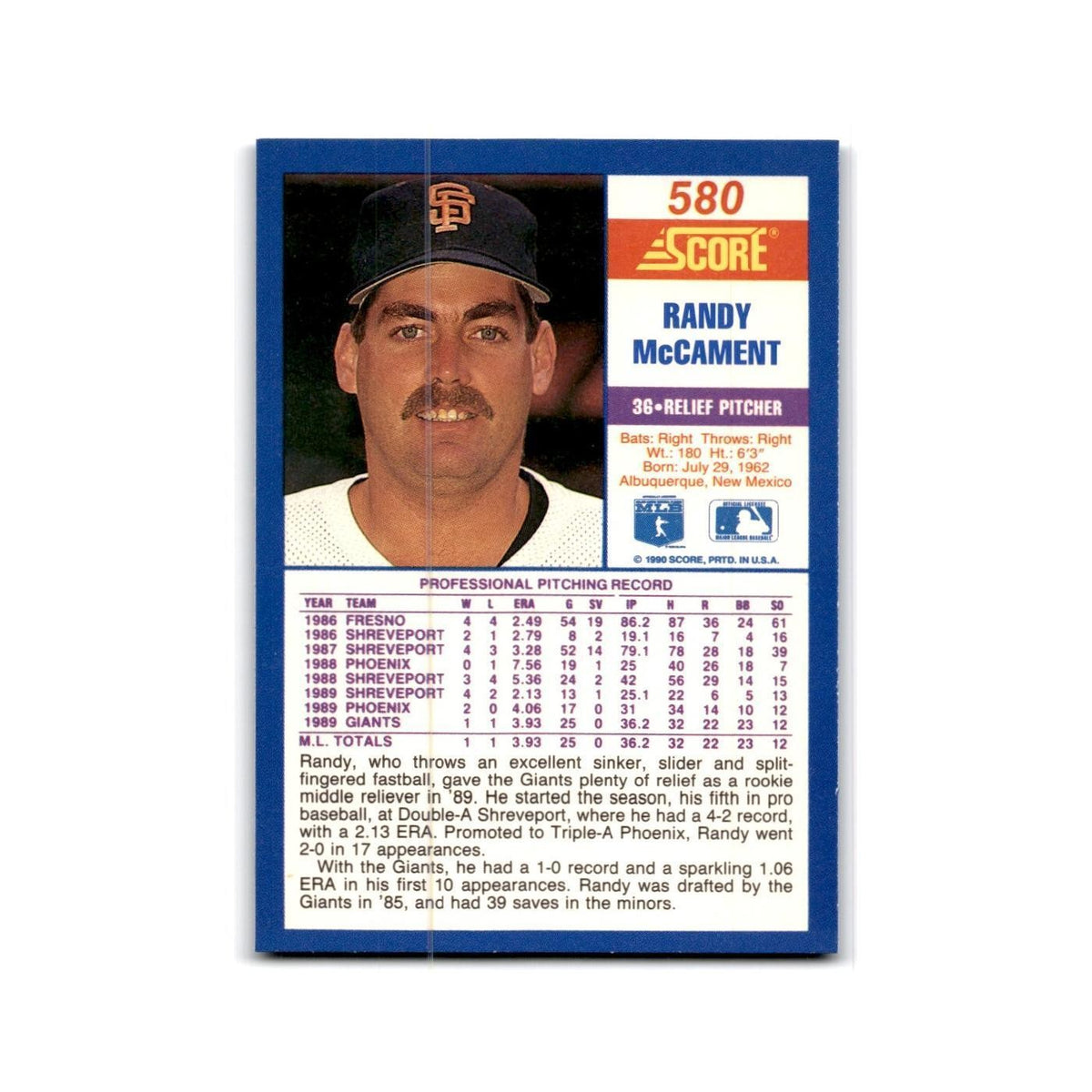 1990 Score Randy McCament RC Giants #580