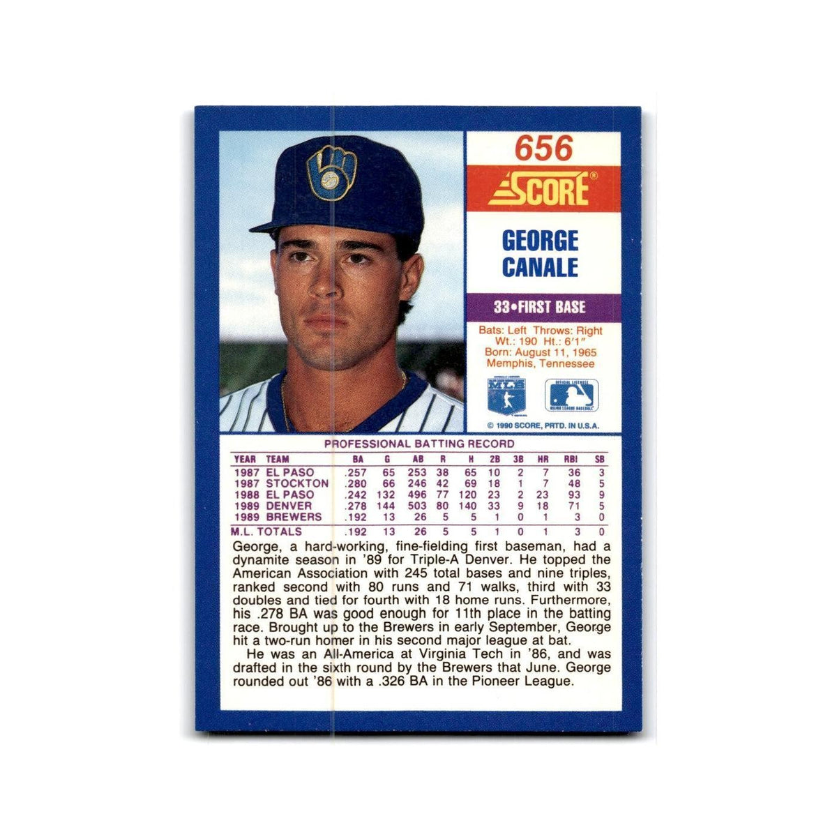 1990 Score George Canale RC Brewers #656