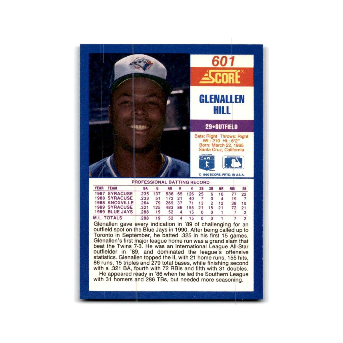 1990 Score Glenallen Hill Blue Jays #601