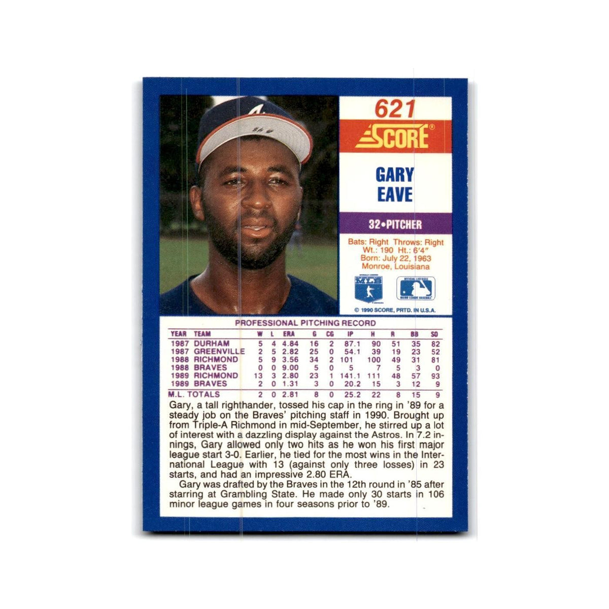 1990 Score Gary Eave RC Braves #621
