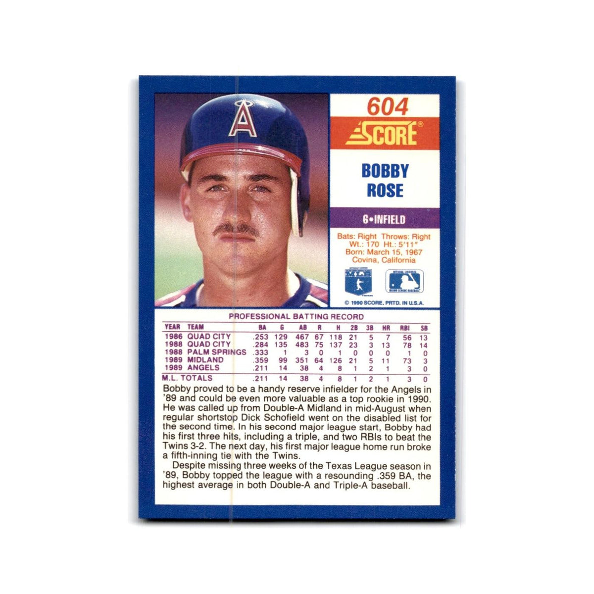 1990 Score Bobby Rose Angels #604