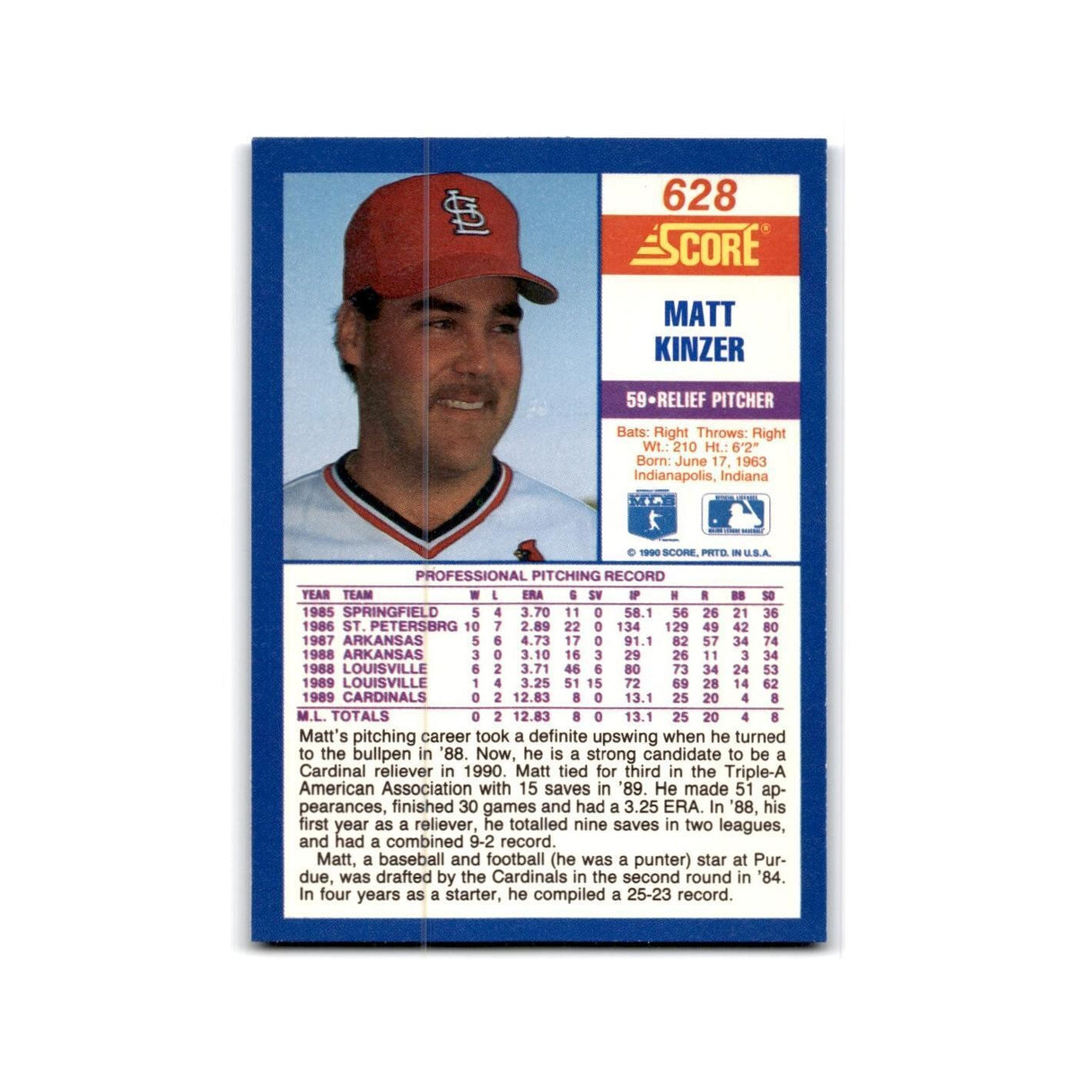 1990 Score Matt Kinzer RC Cardinals #628