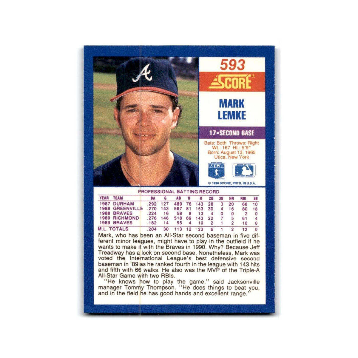 1990 Score Mark Lemke Braves #593