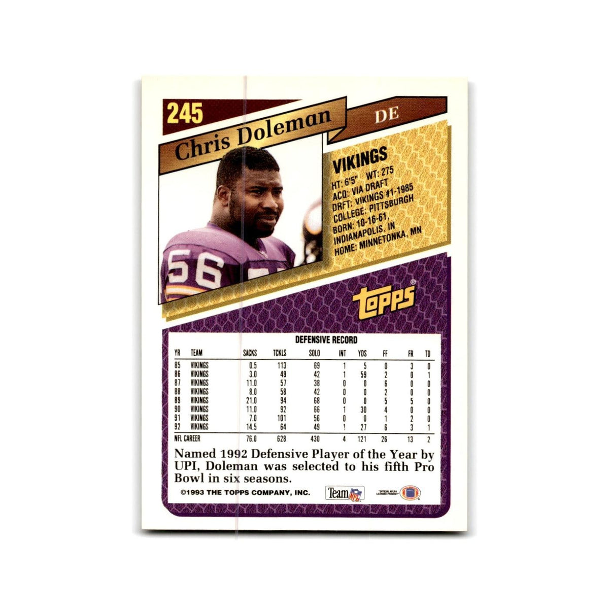 1993 Topps Chris Doleman Vikings #245