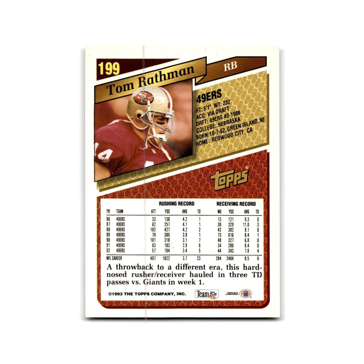 1993 Topps Tom Rathman 49ers #199