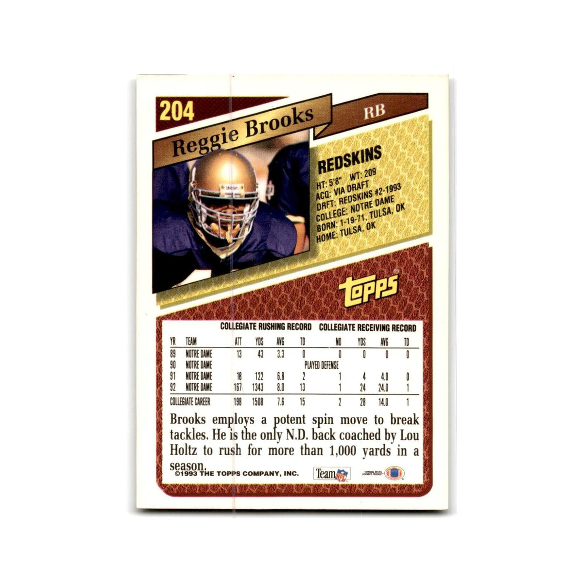 1993 Topps Reggie Brooks RC Redskins #204