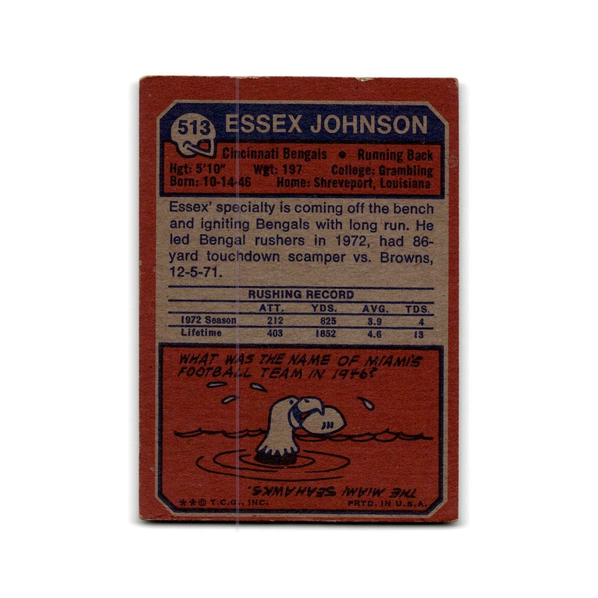 1973 Topps Essex Johnson RC Bengals #513