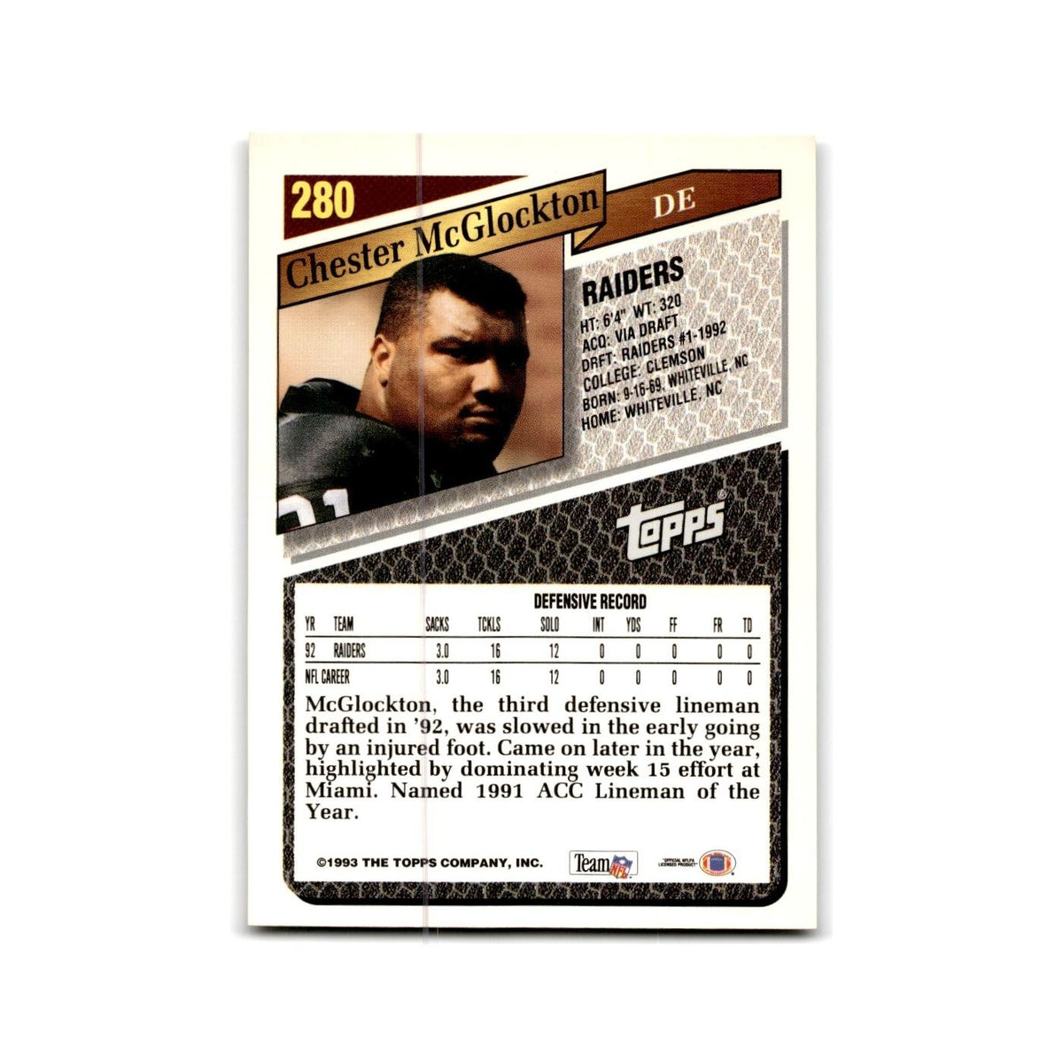 1993 Topps Chester McGlockton Los Angeles Raiders #280