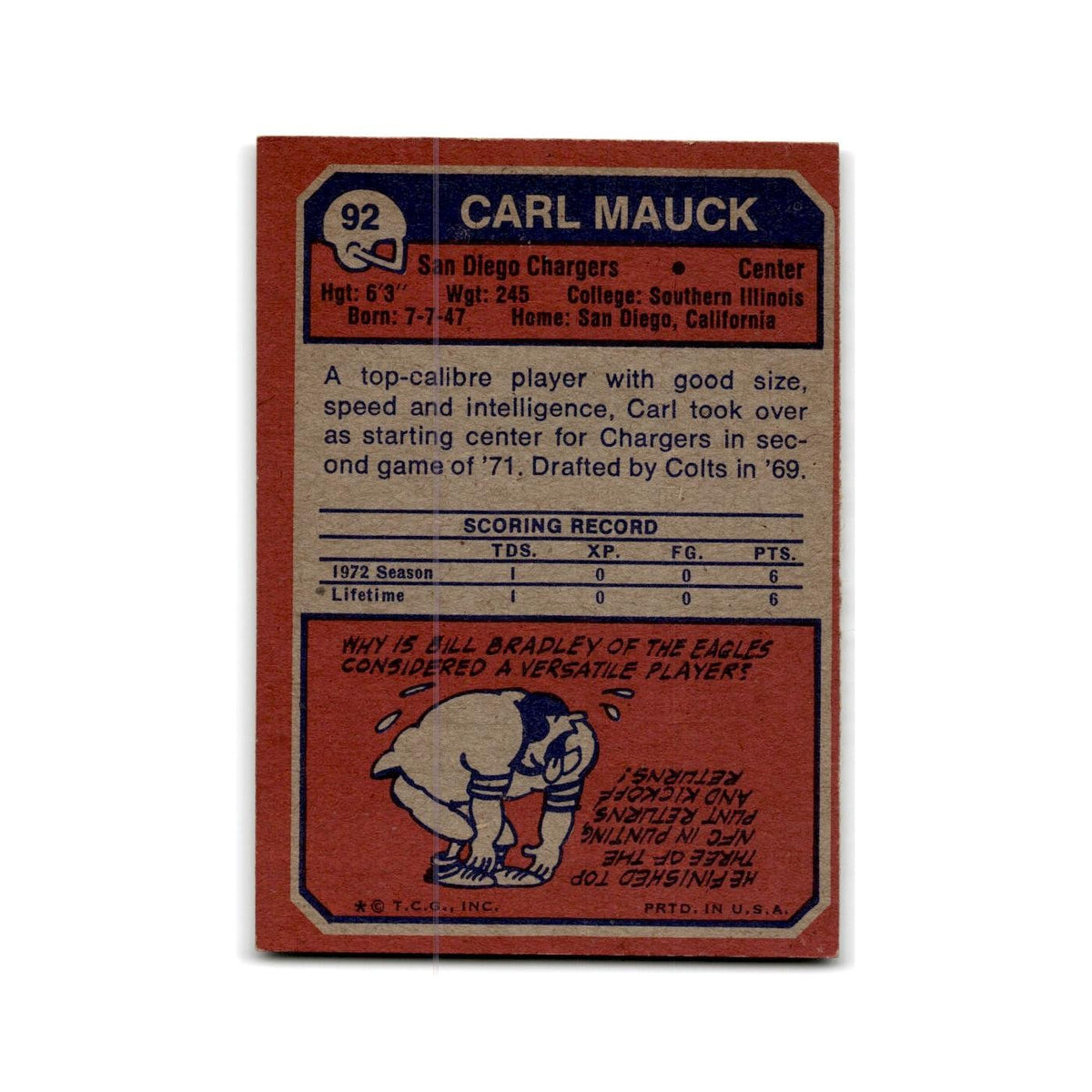 1973 Topps Carl Mauck RC San Diego Chargers #92