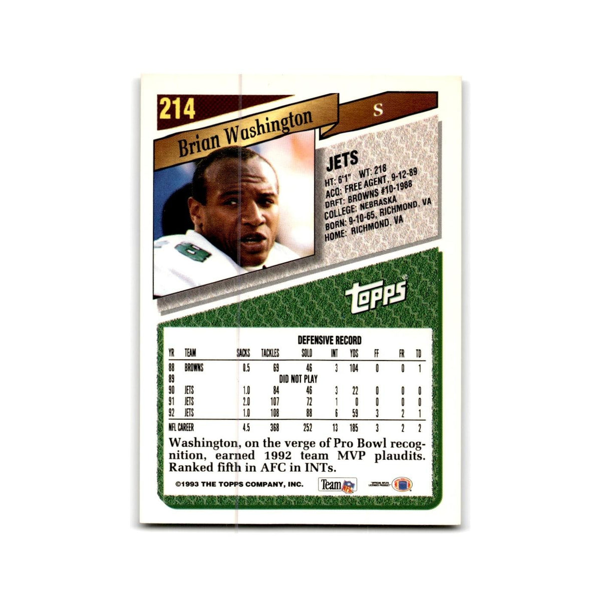 1993 Topps Brian Washington Jets #214