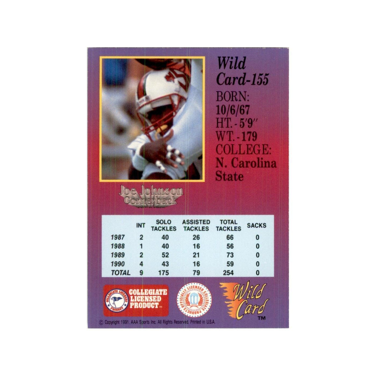 1991 Wild Card Joe Johnson Football Cards #155