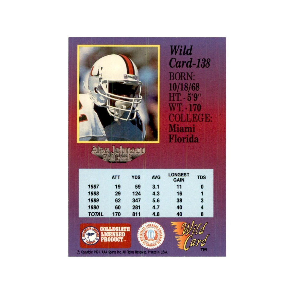 1991 Wild Card Alex Johnson Football Cards #138