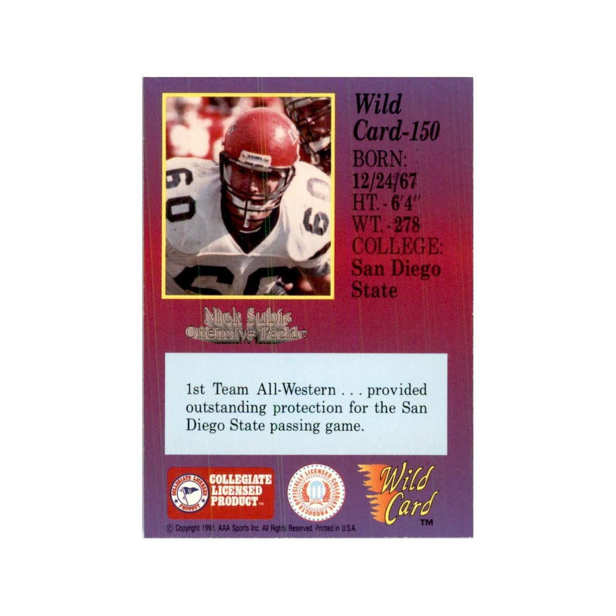 1991 Wild Card Nick Subis Football Cards #150