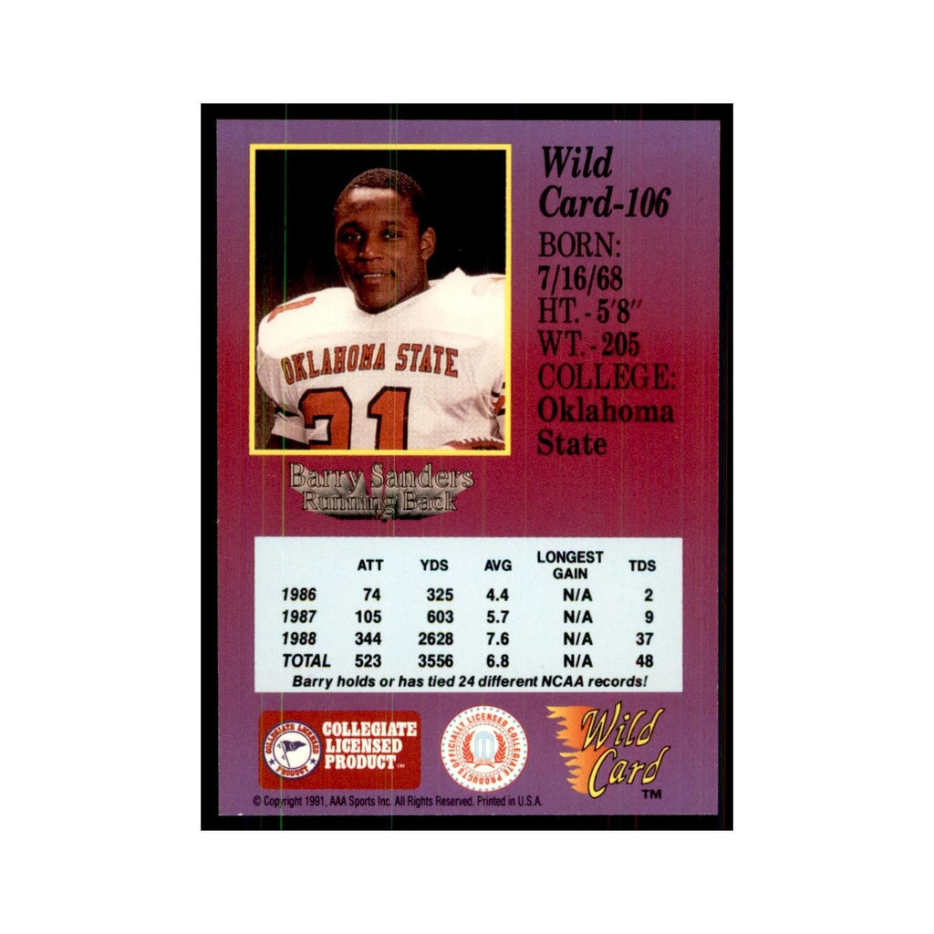1991 Wild Card Barry Sanders Football Cards #106