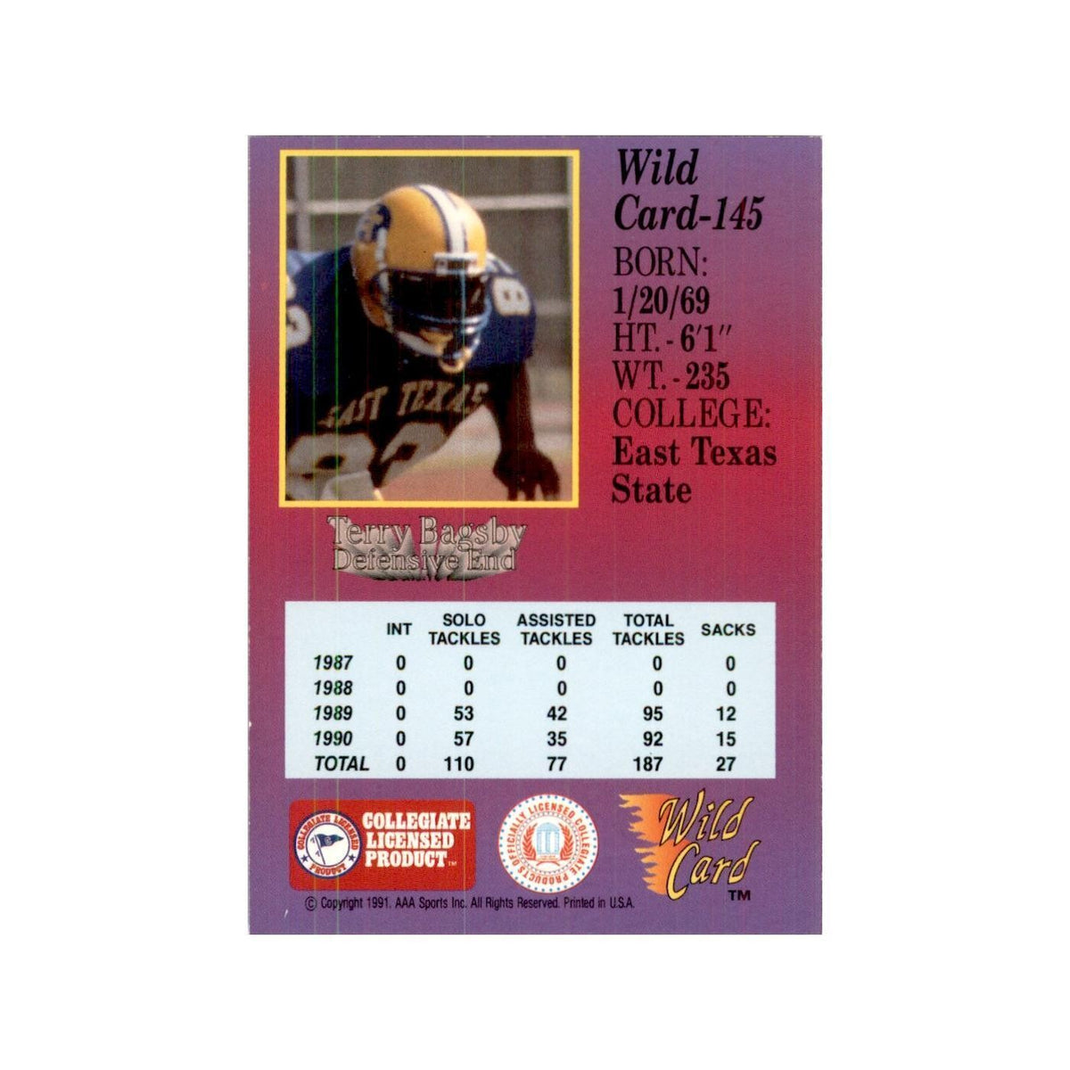 1991 Wild Card Terry Bagsby Football Cards #145