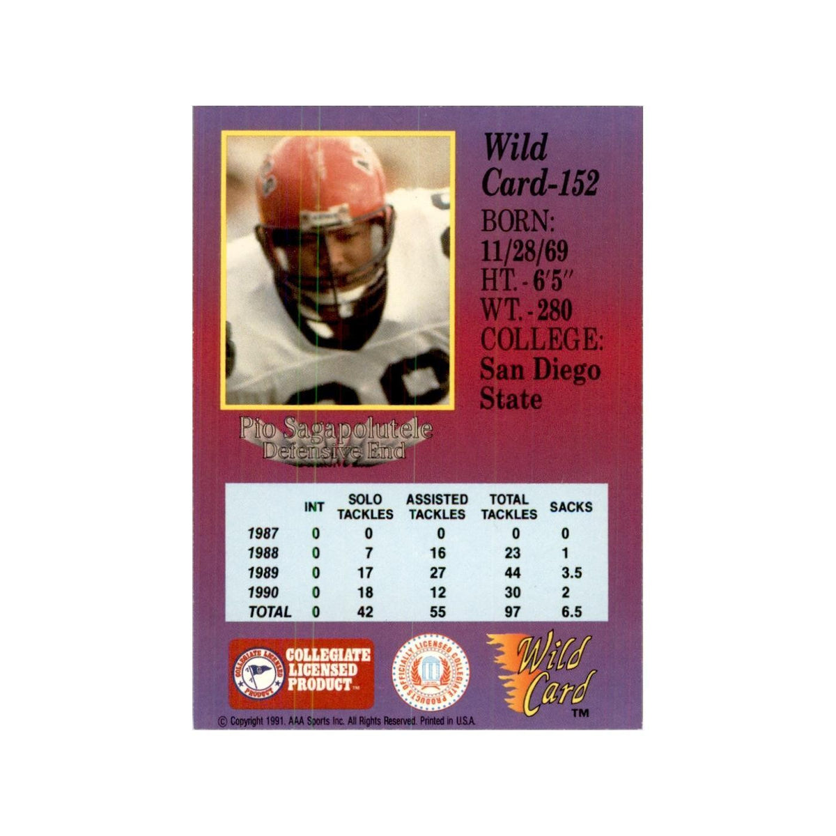 1991 Wild Card Pio Sagapolutele Football Cards #152