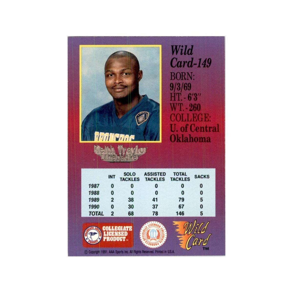 1991 Wild Card Keith Traylor Football Cards #149