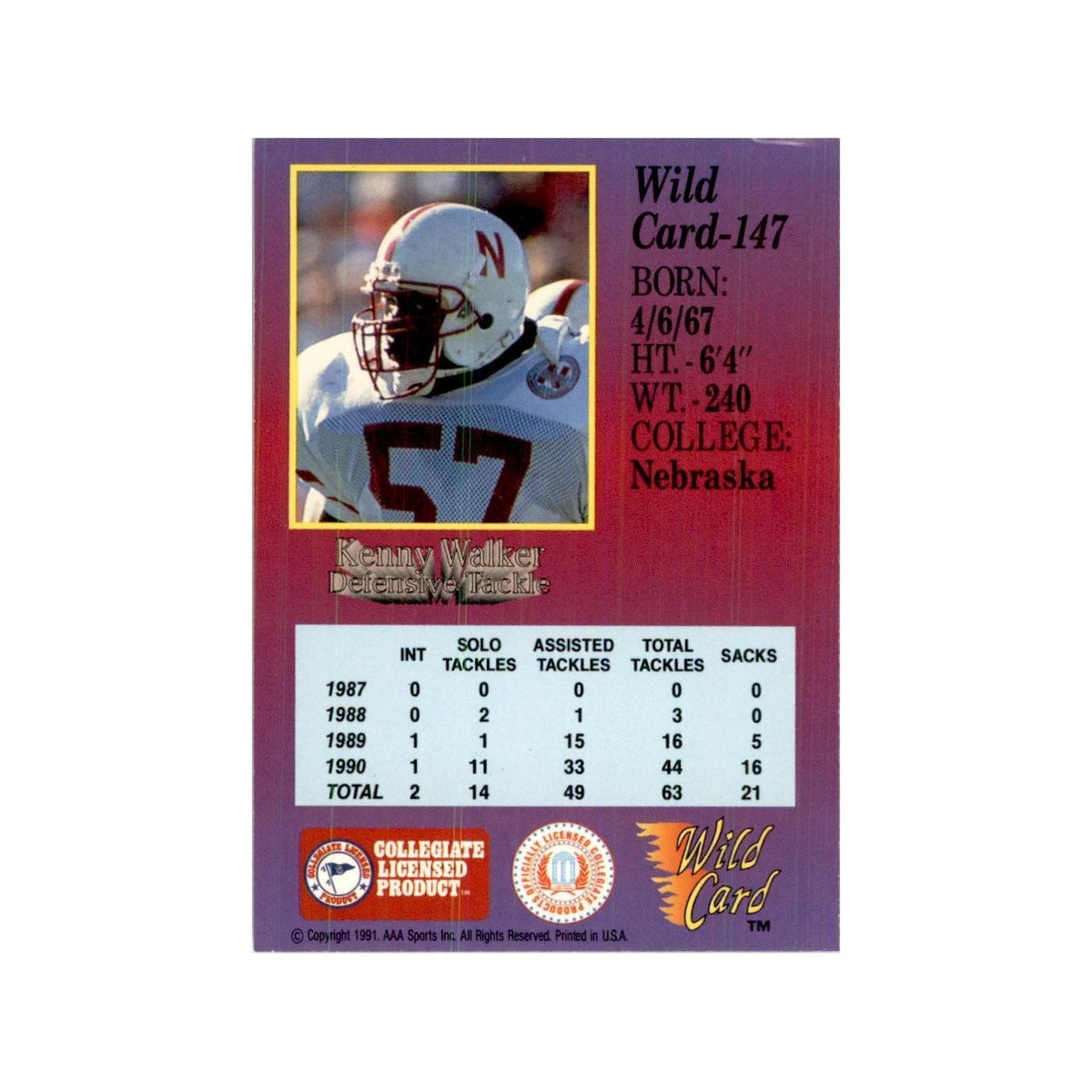 1991 Wild Card Kenny Walker Football Cards #147