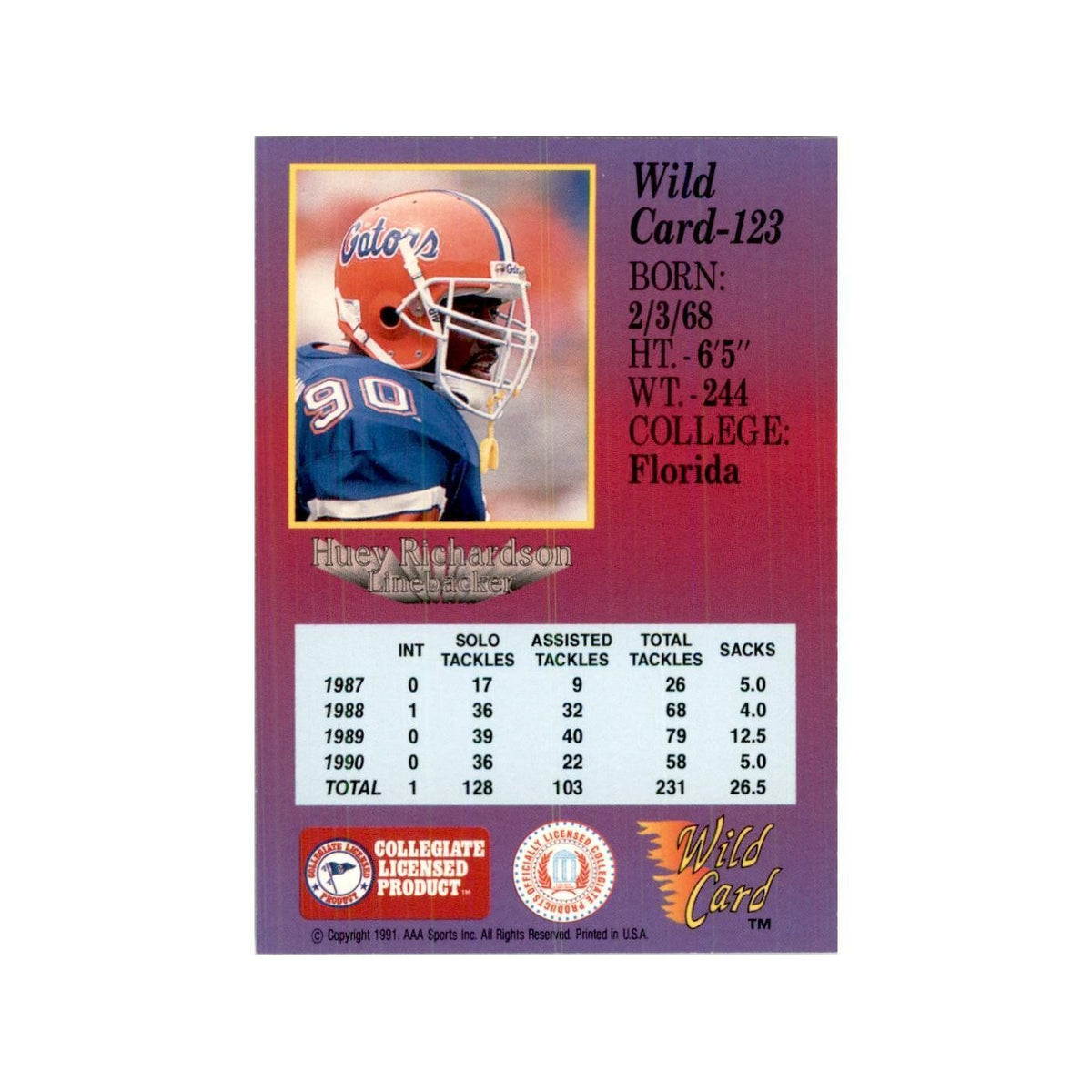 1991 Wild Card Huey Richardson Football Cards #123