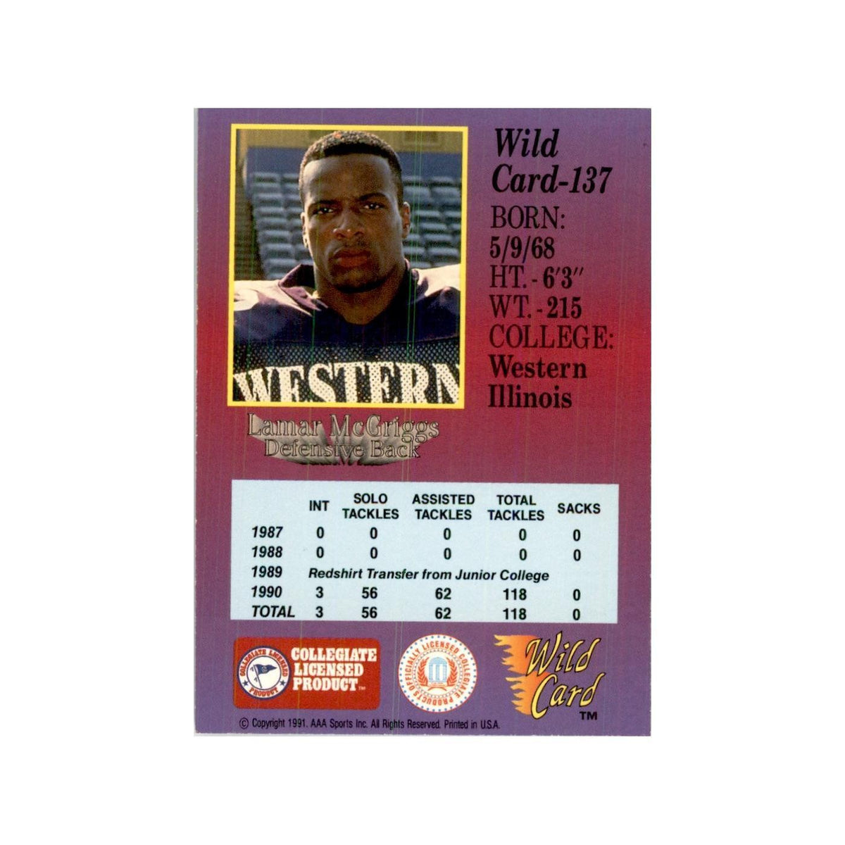 1991 Wild Card Lamar McGriggs Football Cards #137