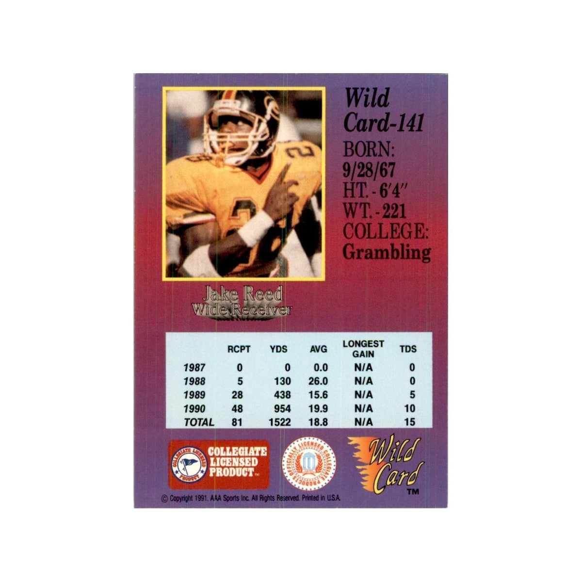 1991 Wild Card Jake Reed Football Cards #141