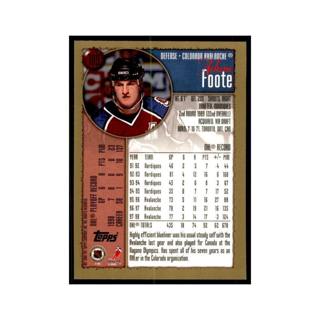 1998 Topps Adam Foote Colorado Avalanche #189