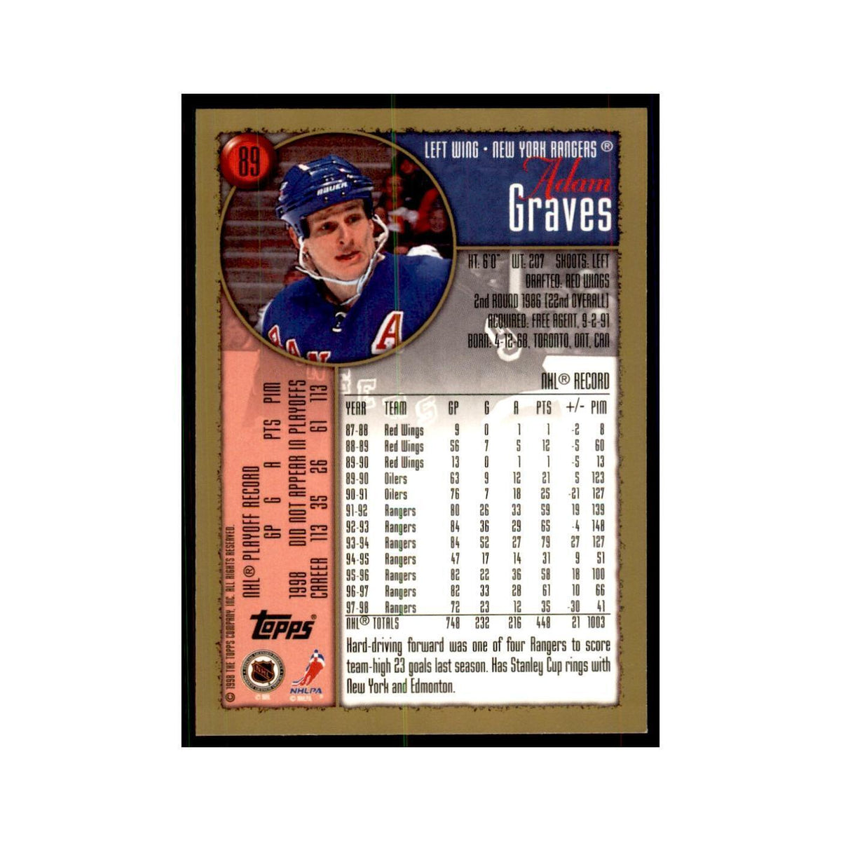 1998 Topps Adam Graves New York Rangers #89