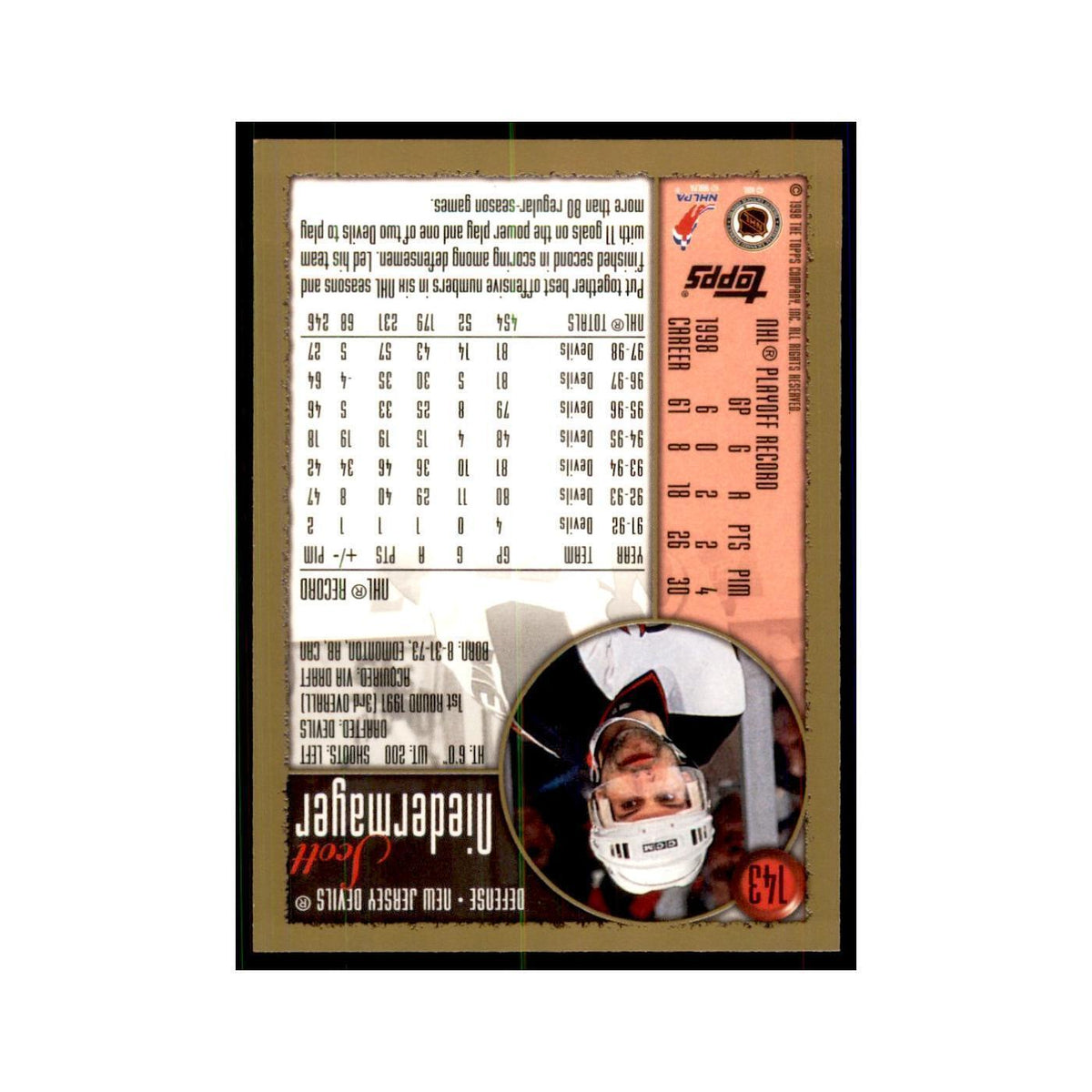 1998 Topps Scott Niedermayer New Jersey Devils #143