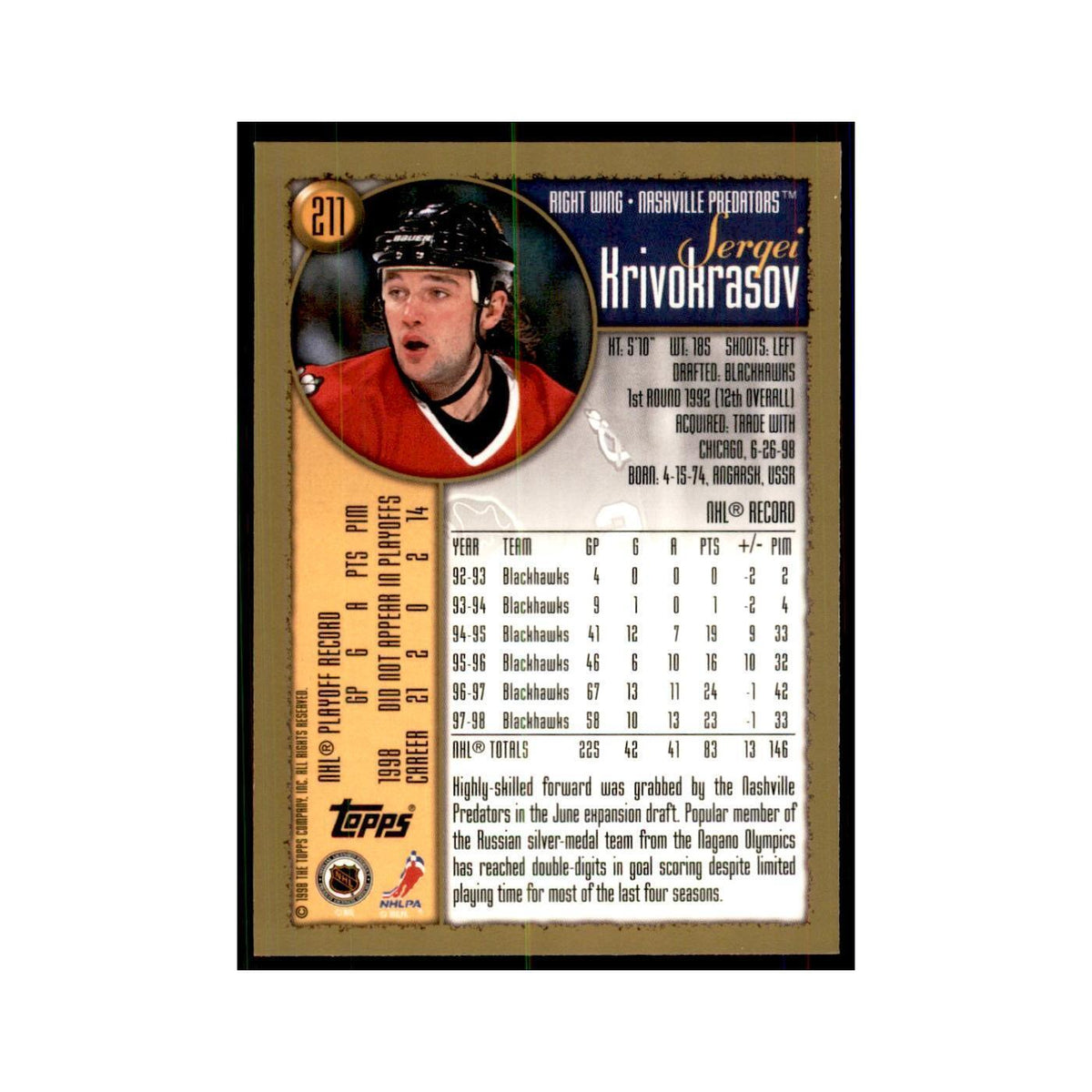 1998 Topps Sergei Krivokrasov Nashville Predators #211