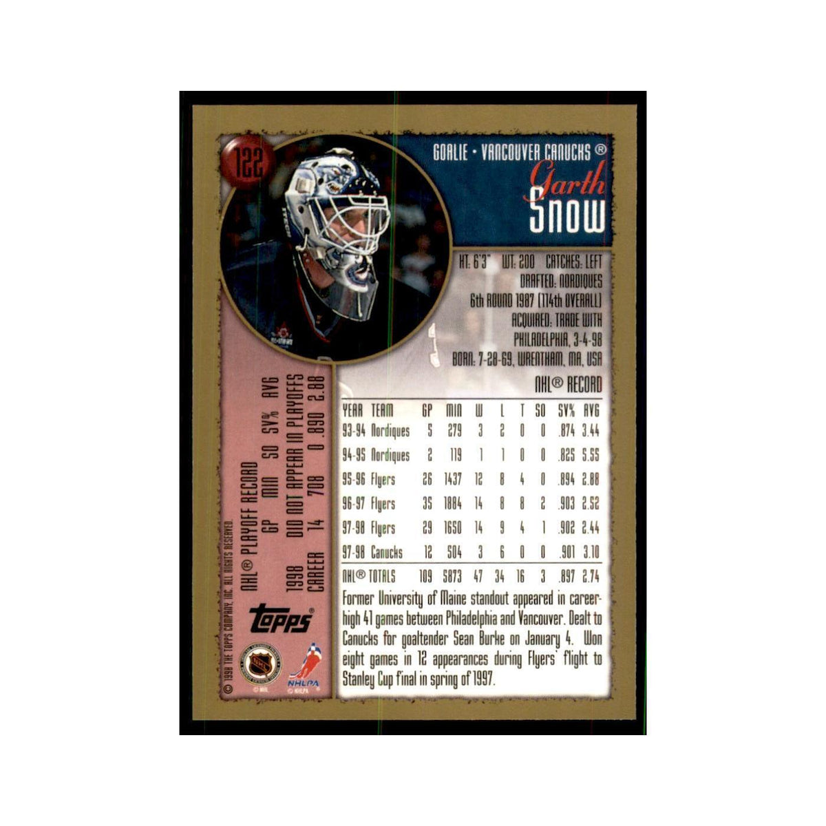 1998 Topps Garth Snow Vancouver Canucks #122