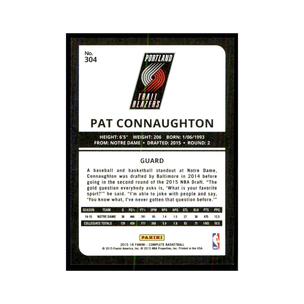 2015 Panini Complete Pat Connaughton RC Blazers #304