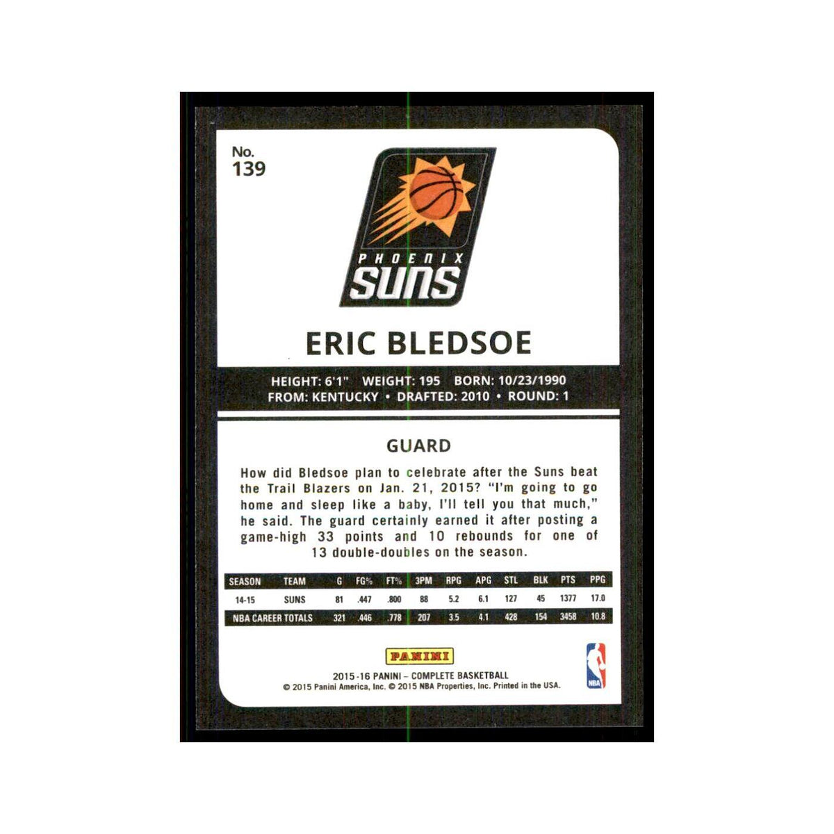 2015 Panini Complete Eric Bledsoe Suns #139